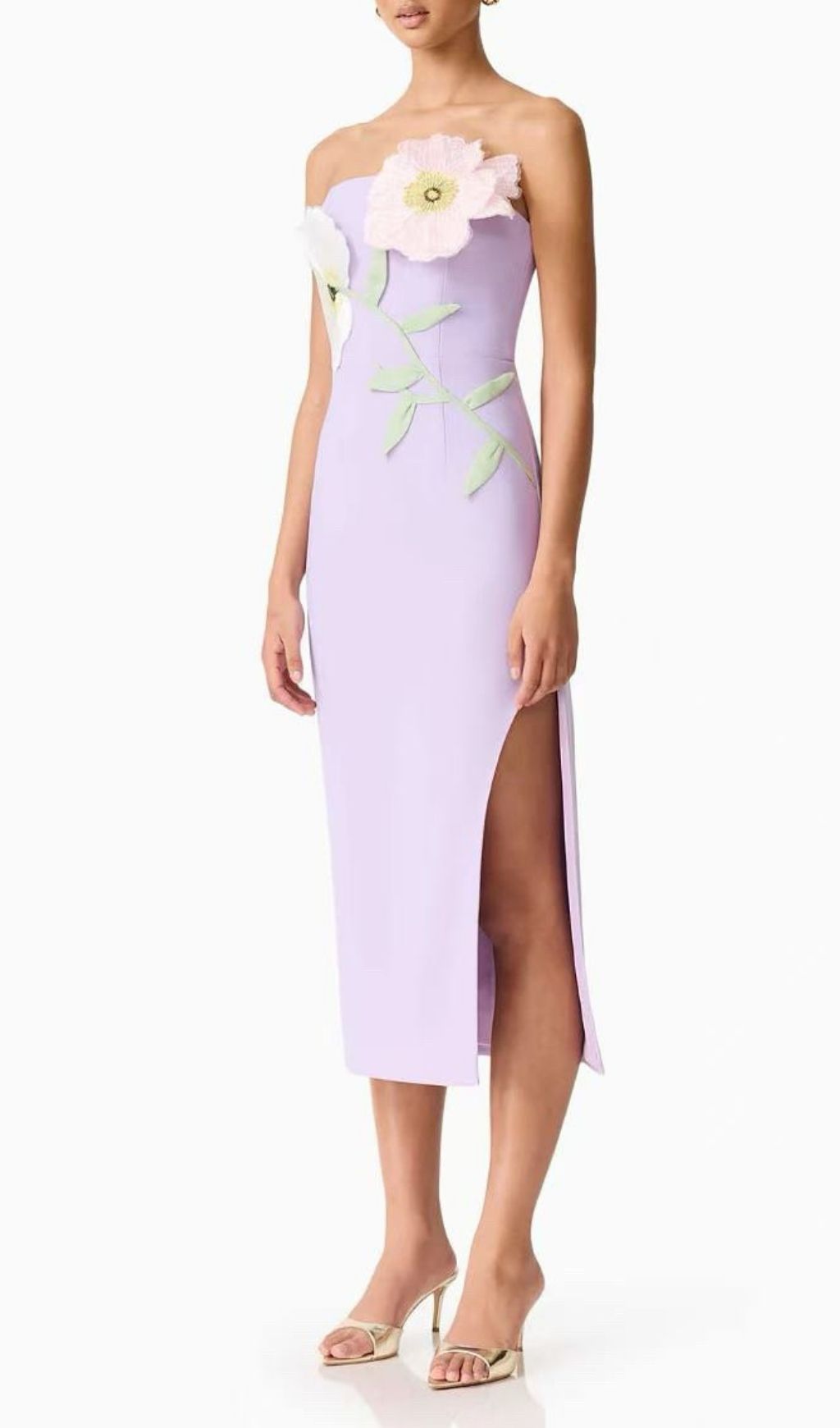 Kifle Chic Lavender Strapless Midi Dress with 3D Floral Embroidery