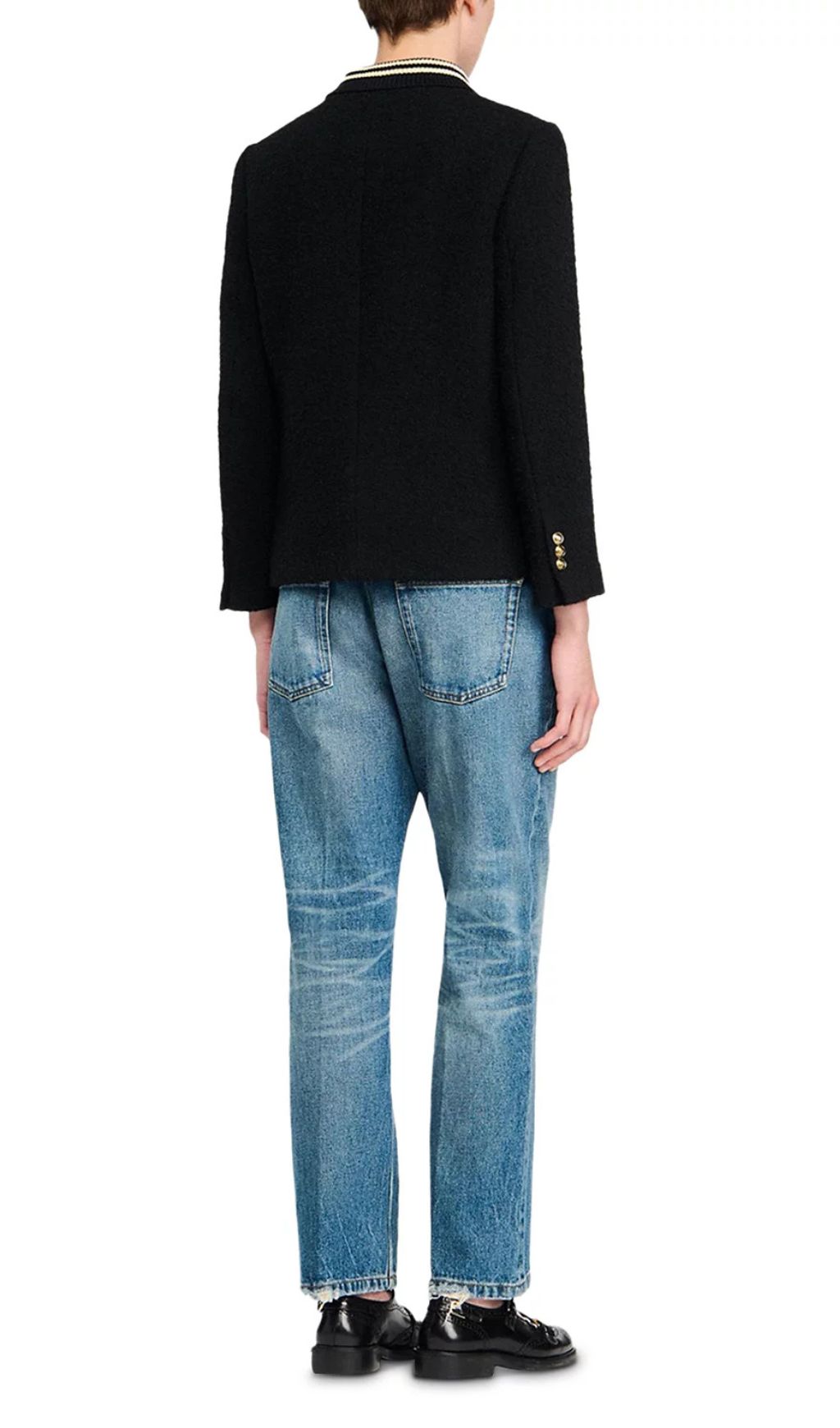 Chic Black Tweed Jacket | Contrast Striped Collar & Gold Buttons