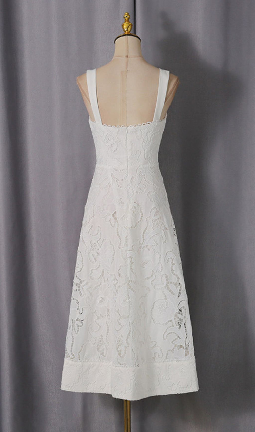 Jenelle Elegant White Floral Embroidered Midi Dress | Strappy Square Neck for Summer Events