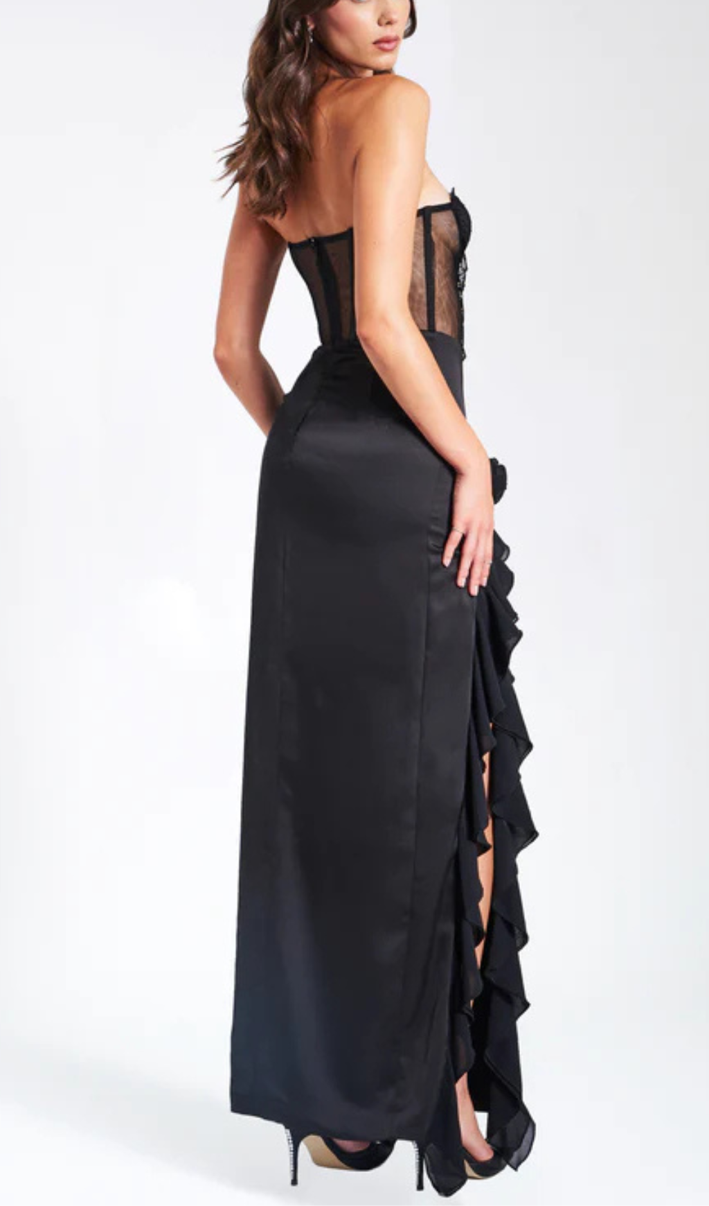 Amélie Black Satin Lace Corset Maxi Dress