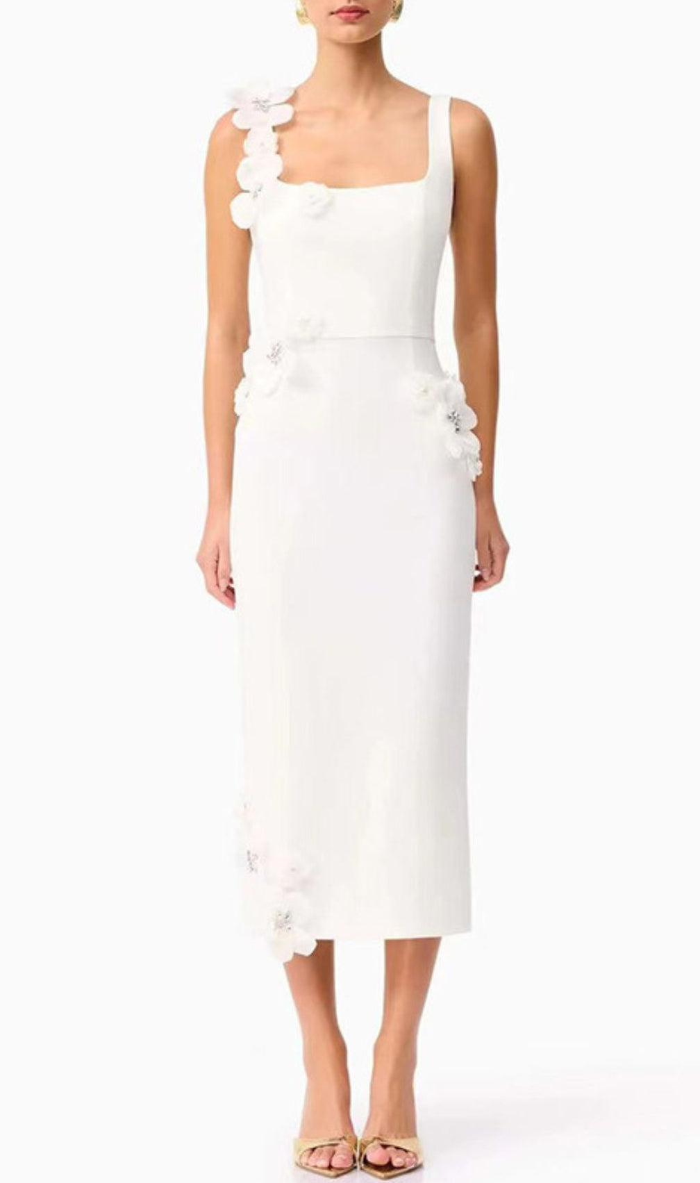 Harper White Flower Embellished Midi Dress