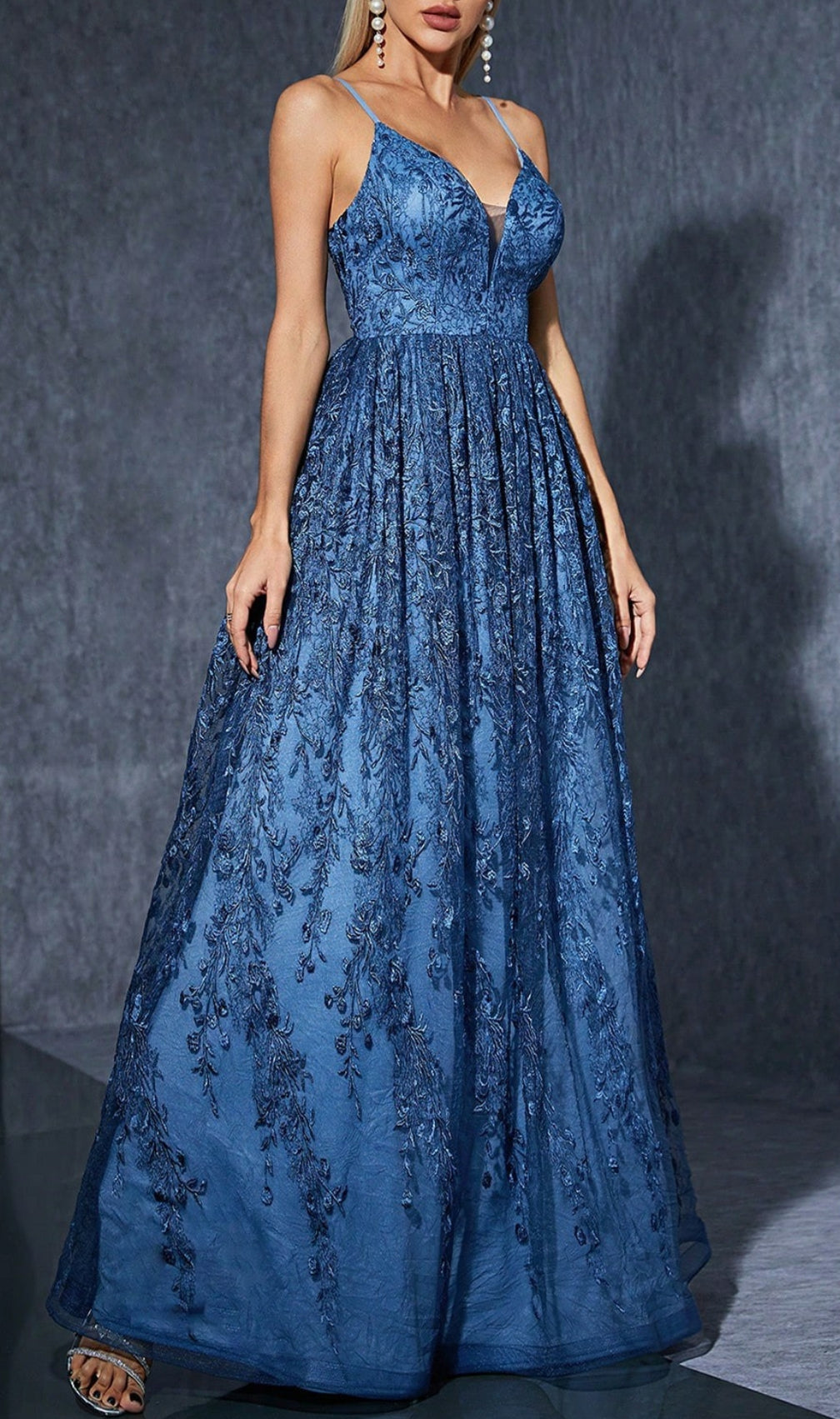 Dionne Navy V-Neck Floral Embroidery Maxi Dress