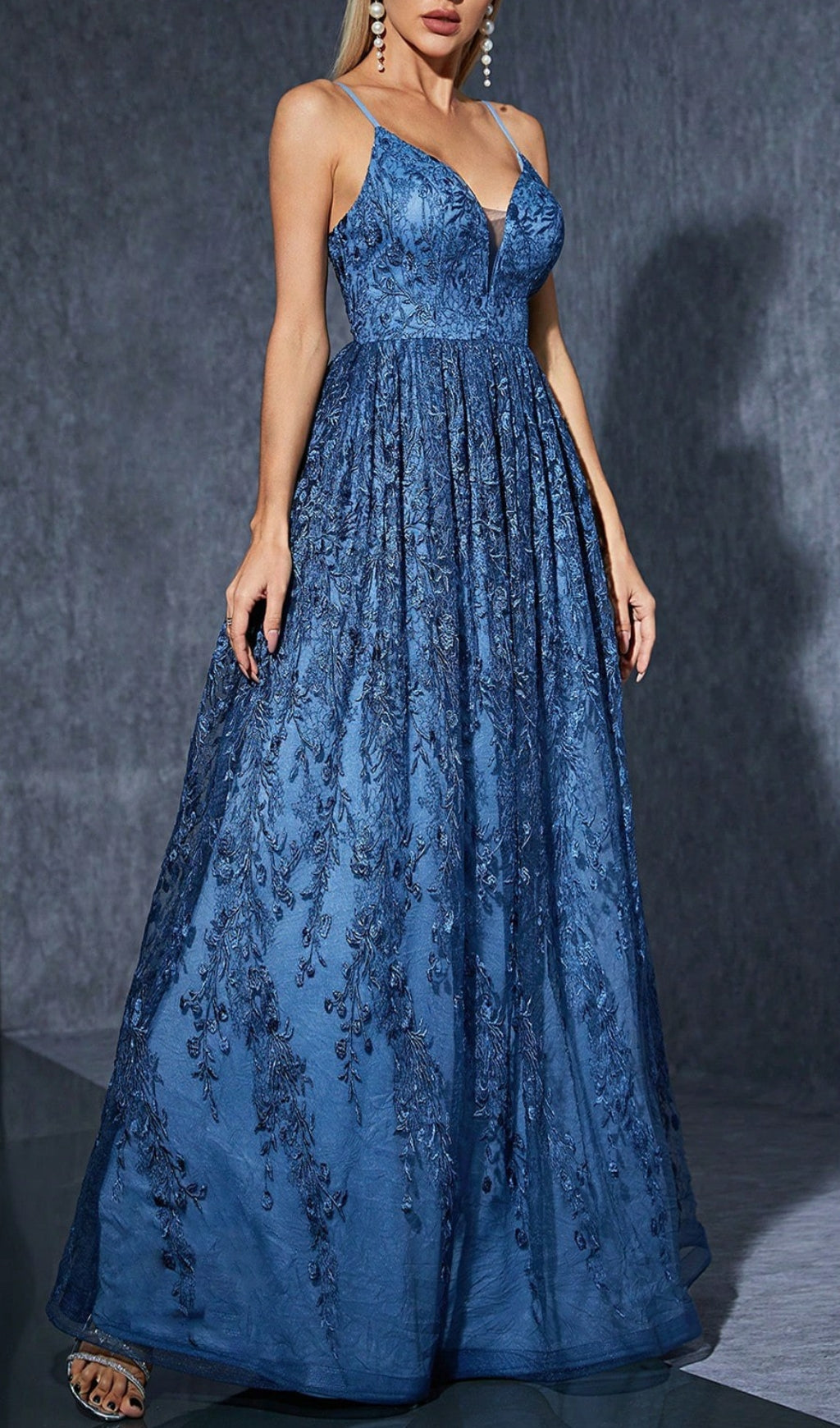 Dionne Navy V-Neck Floral Embroidery Maxi Dress
