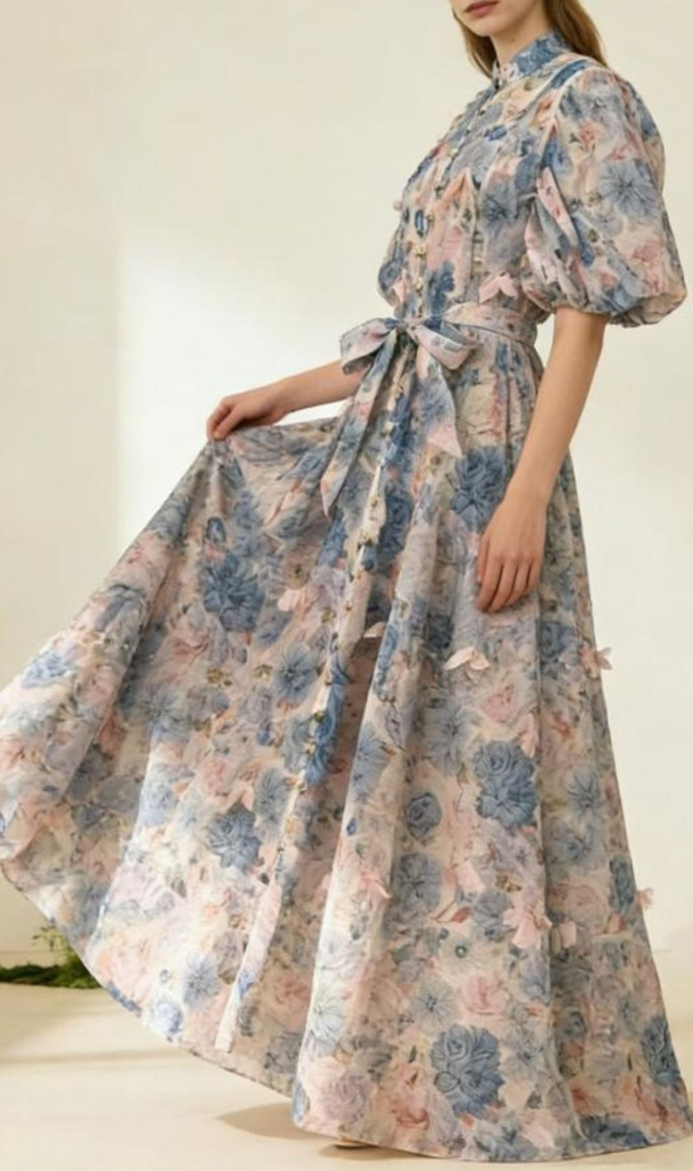 Karlyn Romantic Floral Puff-Sleeve Maxi Dress with Self-Tie Belt | Ethereal Button-Down Gown