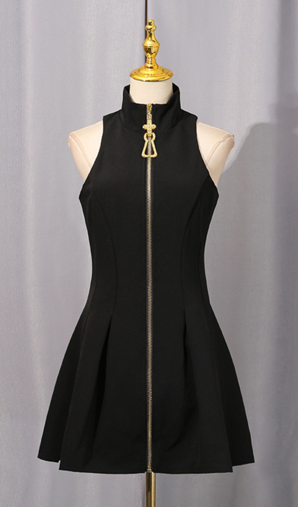 Idola Black High-Neck Mini Dress | Statement Gold Zipper Sleeveless LBD