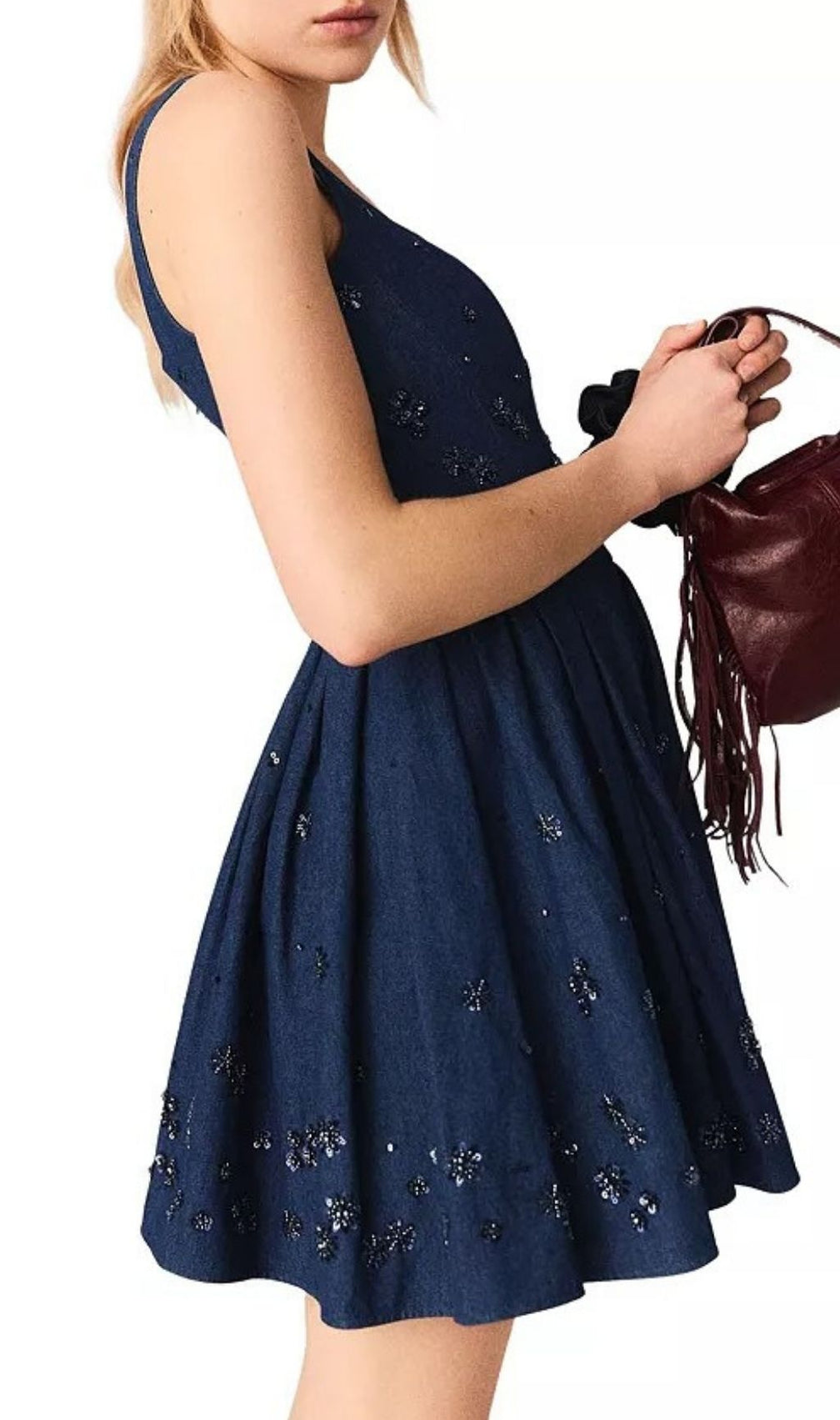 Chic Floral Sequin Embroidered Denim Dress - Square Neck Fit & Flare