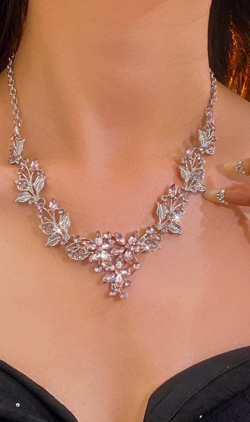 Juelz Sparkling Pink Crystal Flower & Leaf Necklace & Earrings Set
