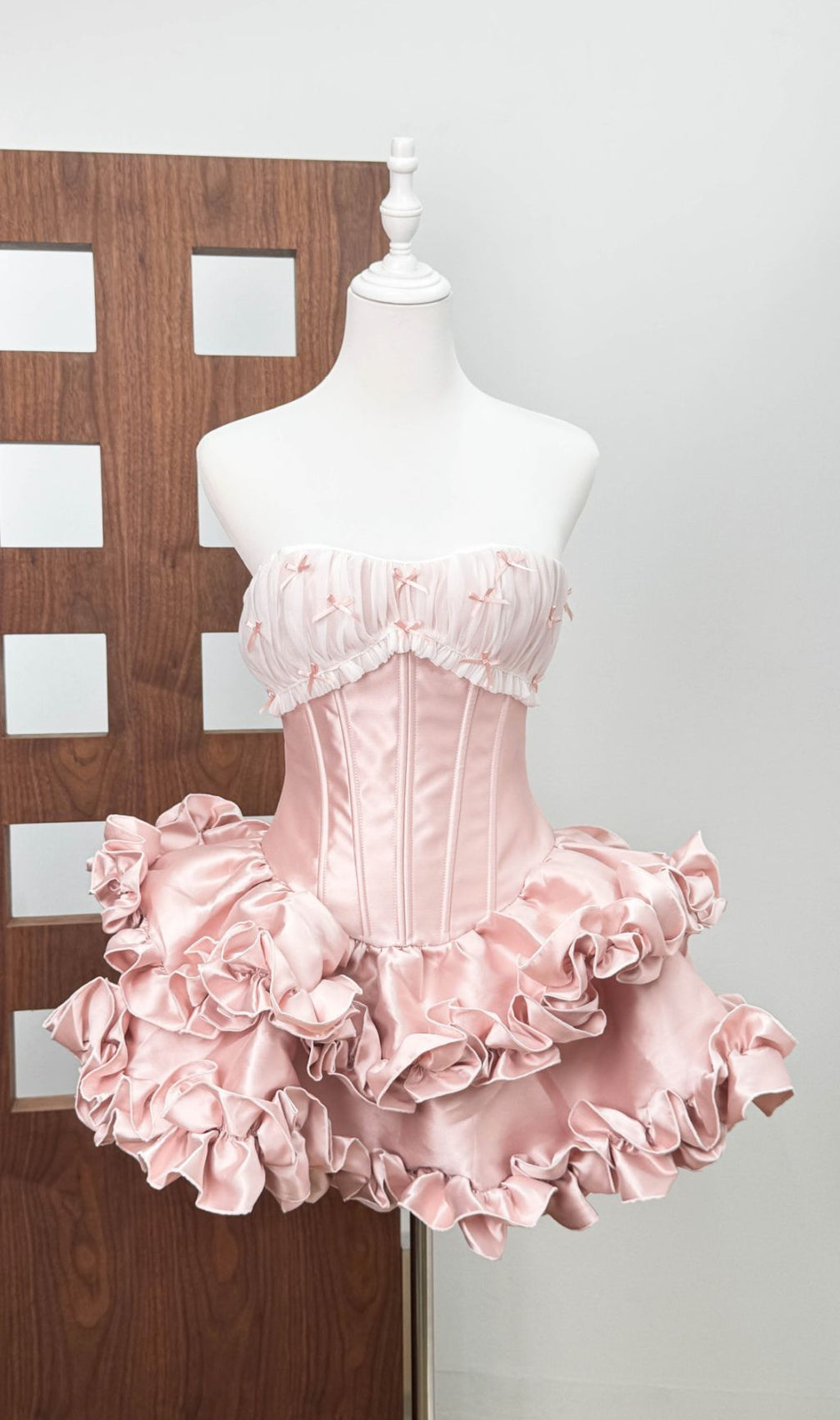 Irca Glam Pink Satin Ruffled Strapless Corset Mini Dress