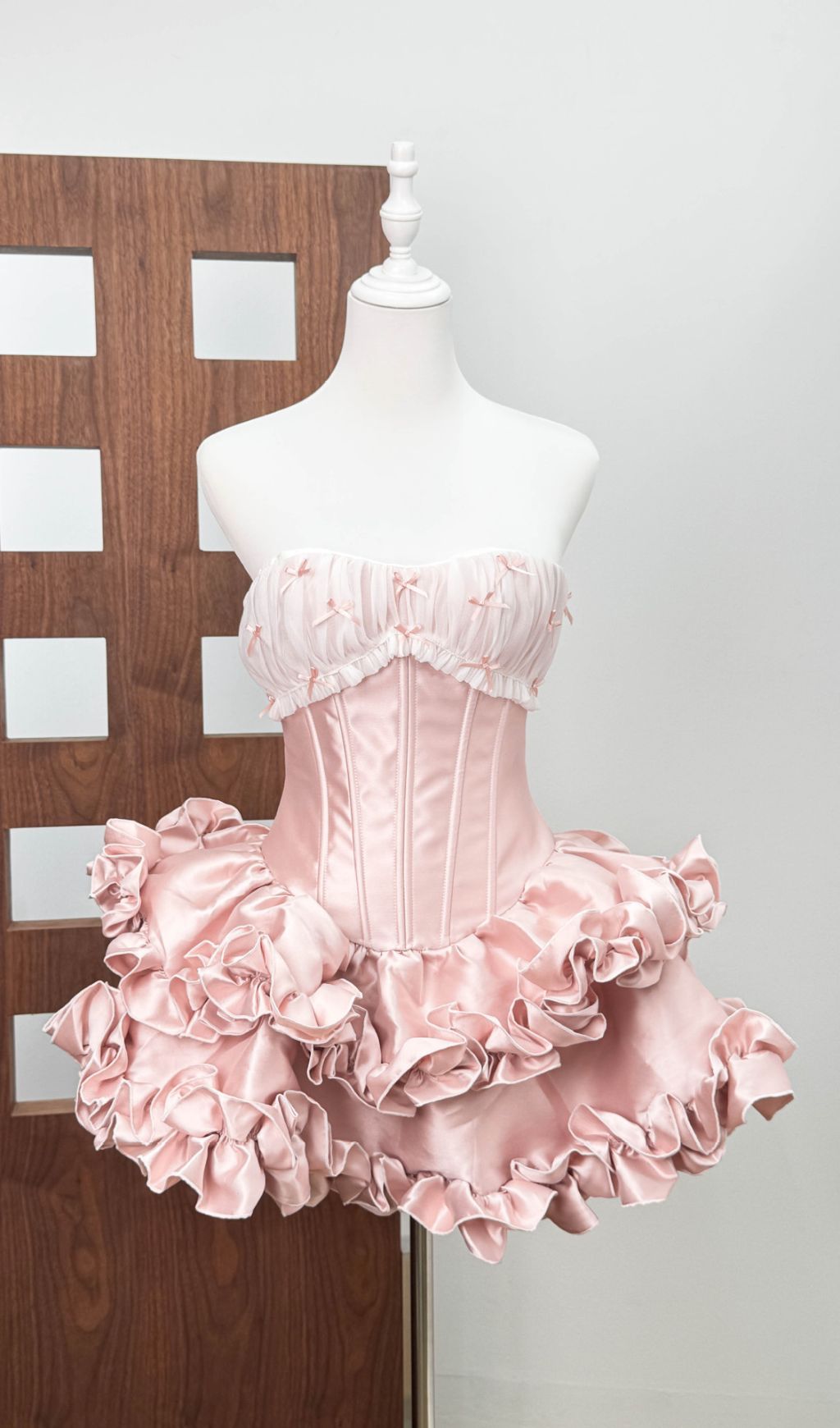 Irca Glam Pink Satin Ruffled Strapless Corset Mini Dress
