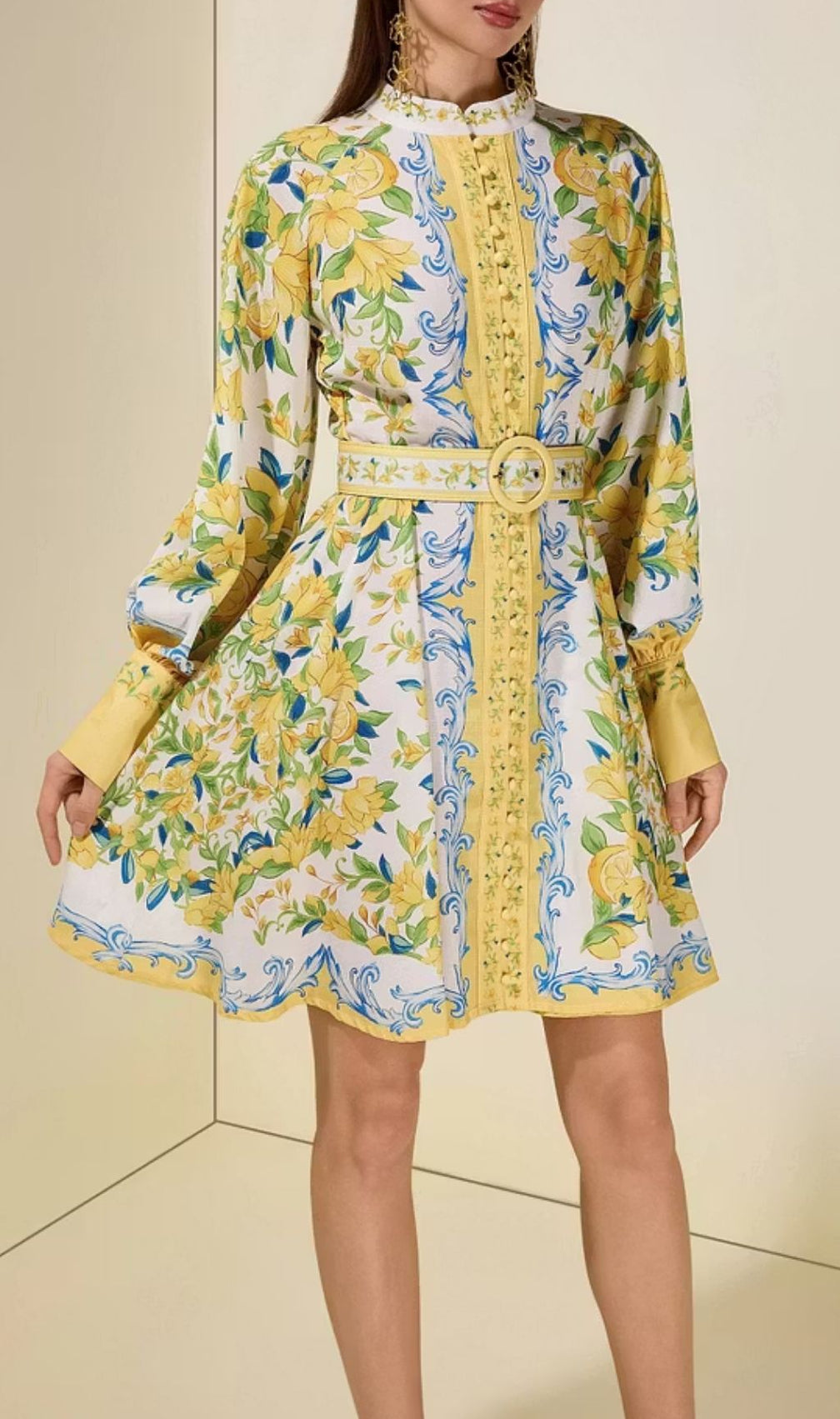 Lemon Floral Single-Breasted Midi Dress With Belt - Yellow