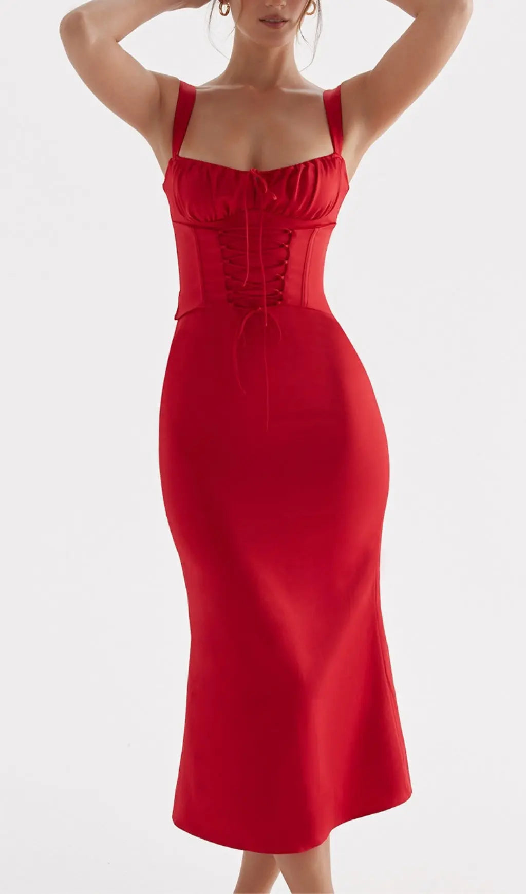 Red Lace Up Corset Midi Dress