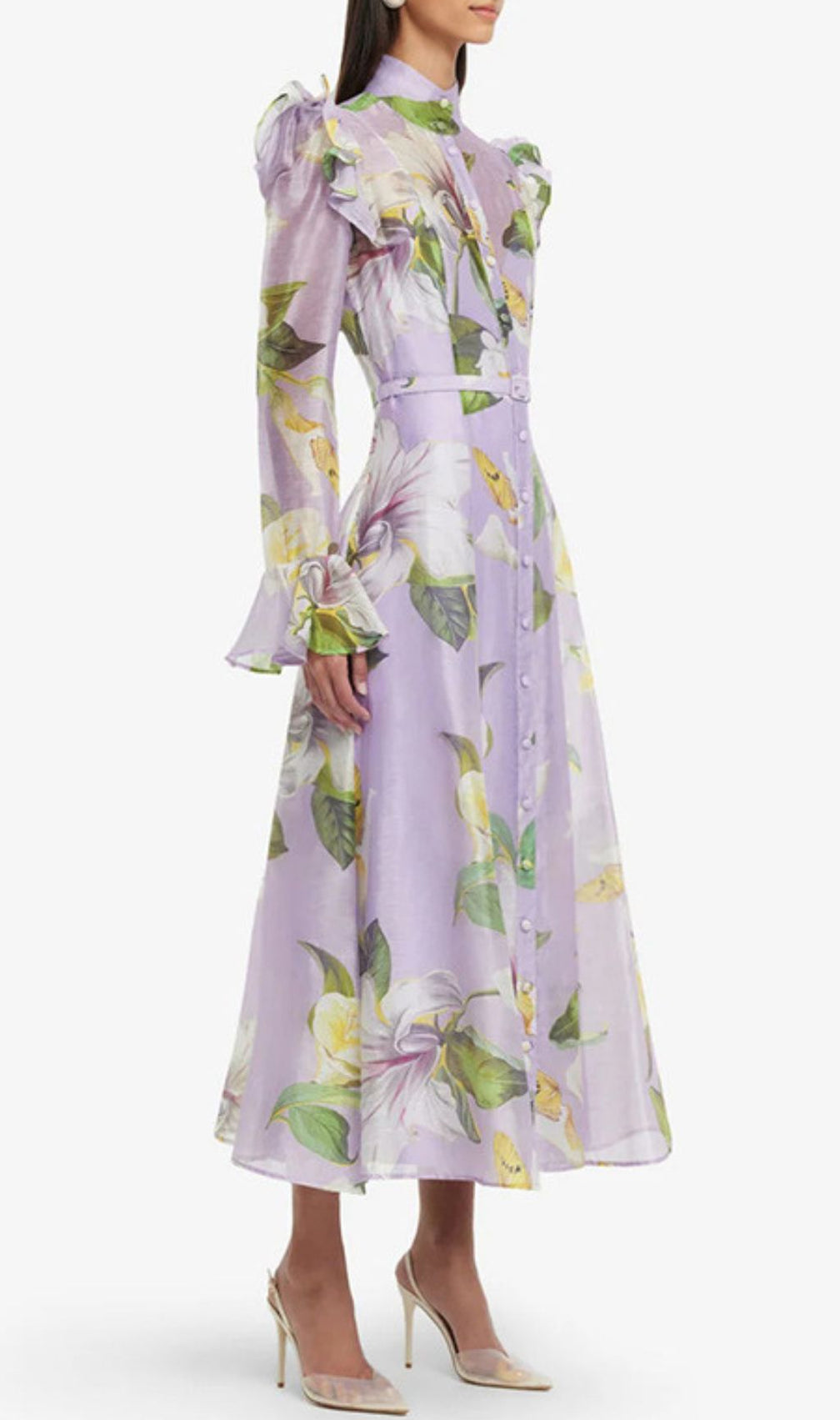 Isolda Lavender Floral Ruffled Midi Dress – Elegant Long Sleeve Button-Down