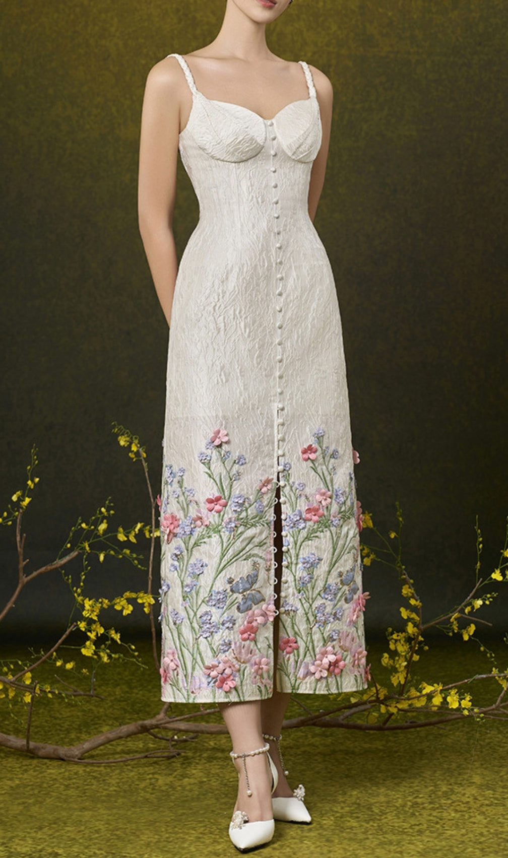 Enise Flower Embellished Midi Dress