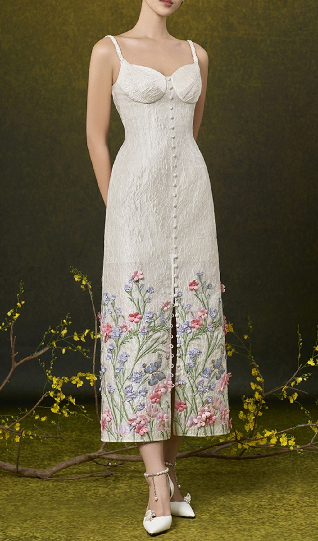 Enise Flower Embellished Midi Dress