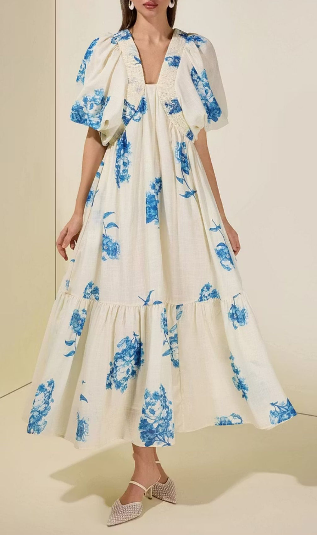 Susie Print Smocking Puff Sleeve Midi Dress - Blue