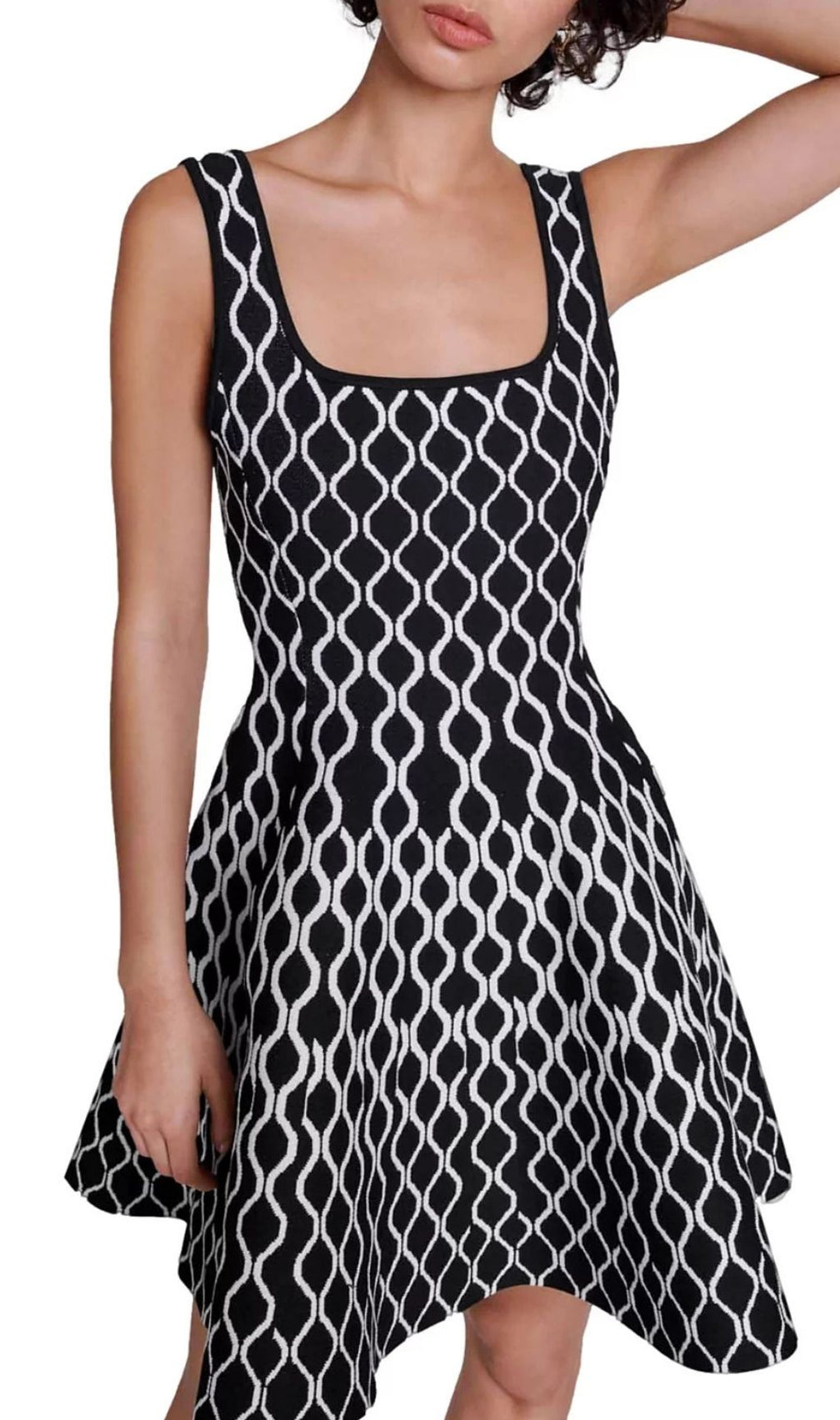 Russel Chic Geometric Knit Skater Dress with Square Neck & Pockets