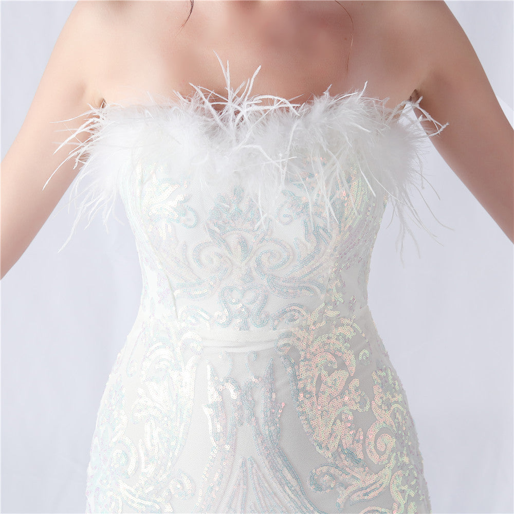 Choire White Sequin Feather Maxi Dress