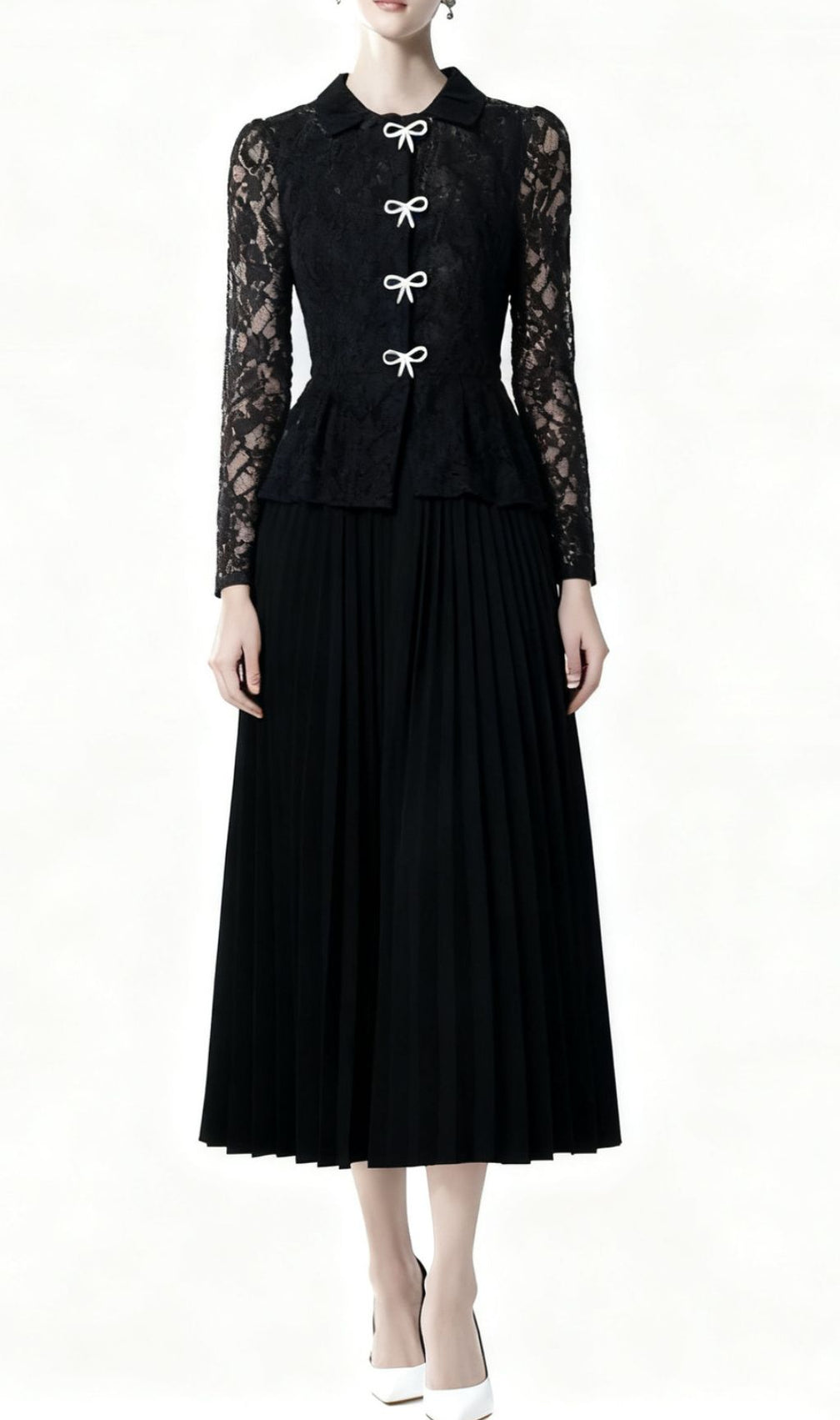 Izel Bow Lace Pleated Long Sleeve Midi Dress