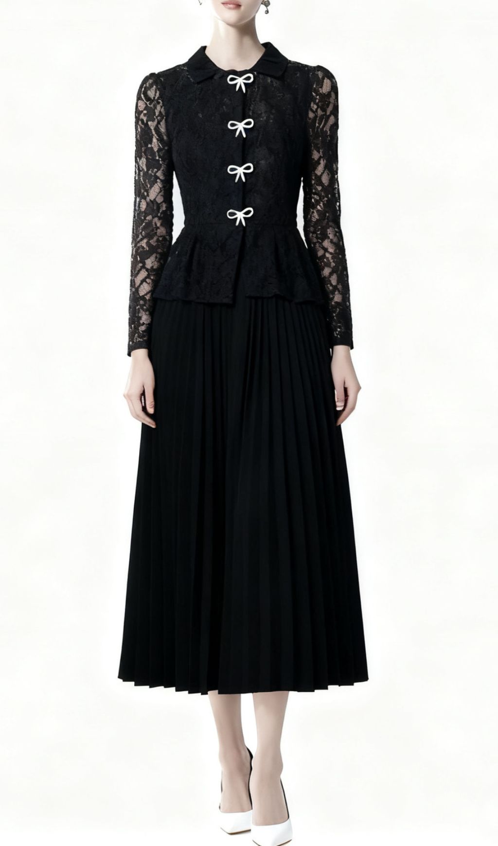 Izel Bow Lace Pleated Long Sleeve Midi Dress