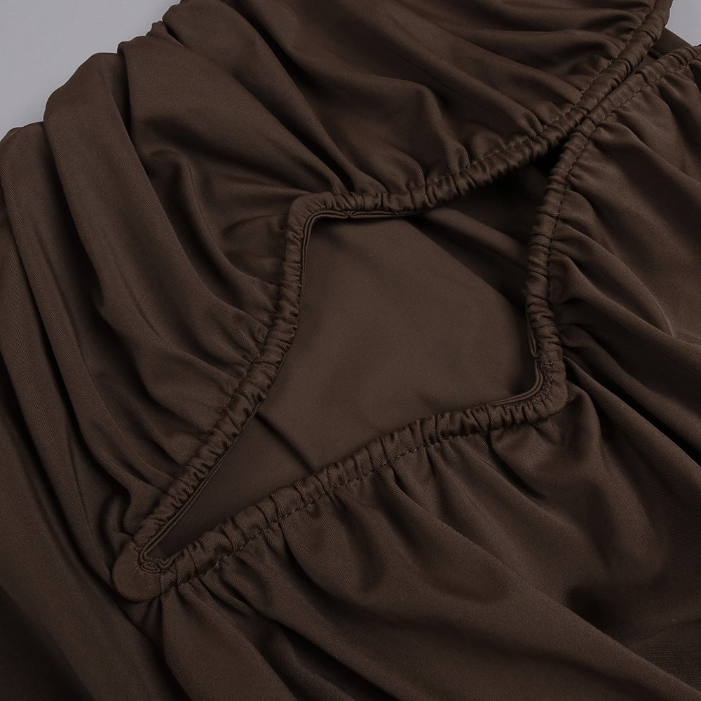 Ikuya Elegant Brown Halter Ruched Maxi Dress with Keyhole Cut-Out