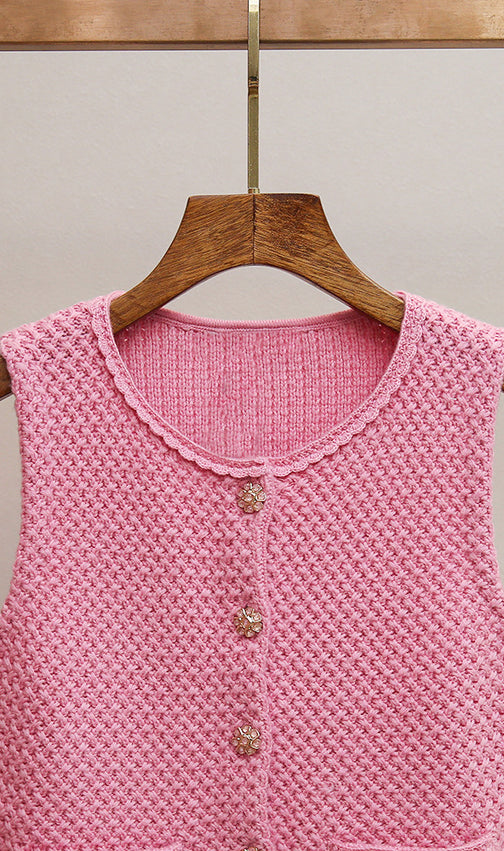 Chic Pink Knit Vest for Women | Elegant Scalloped Neckline & Gold Button Details