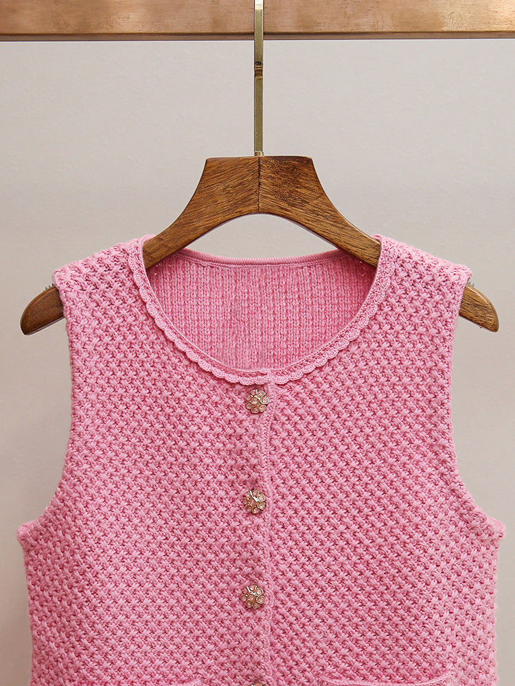 Chic Pink Knit Vest for Women | Elegant Scalloped Neckline & Gold Button Details
