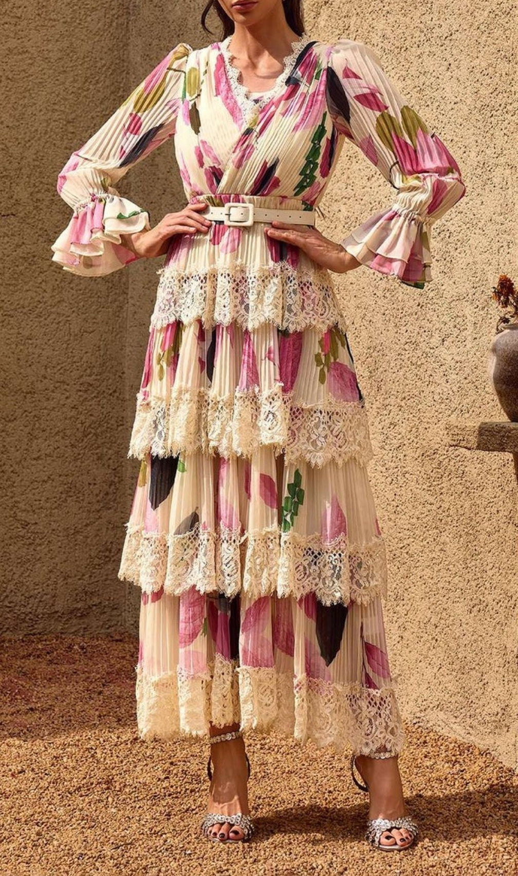 Charleen Elegant Floral Pleated Lace Tiered Maxi Dress | V-Neck & Belt