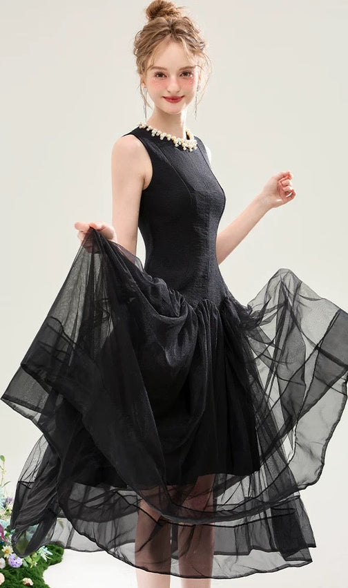 Sleeveless Midi Dress with Tulle Skirt and Pearl Embellished Collar - Black