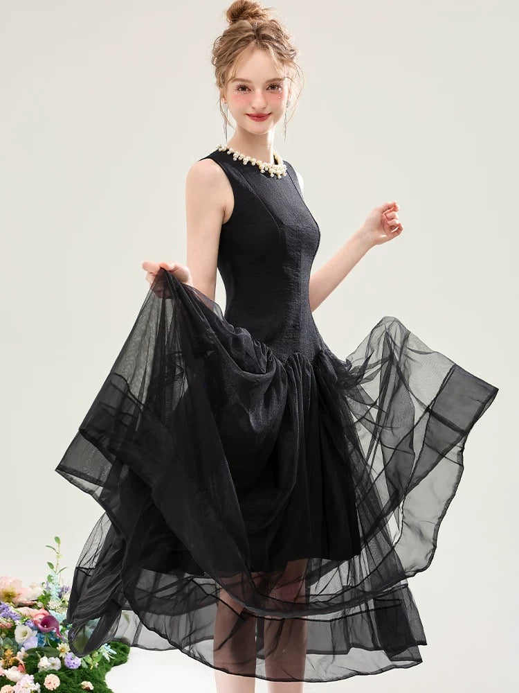Sleeveless Midi Dress with Tulle Skirt and Pearl Embellished Collar - Black