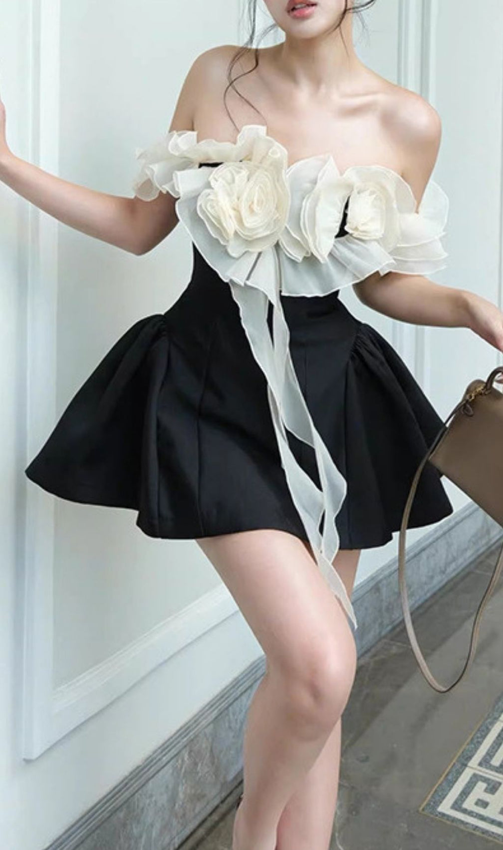 Keara Chic Black Off-Shoulder Floral Ruffle Mini Dress