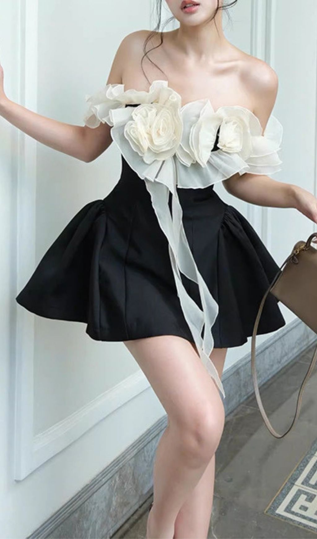 Keara Chic Black Off-Shoulder Floral Ruffle Mini Dress