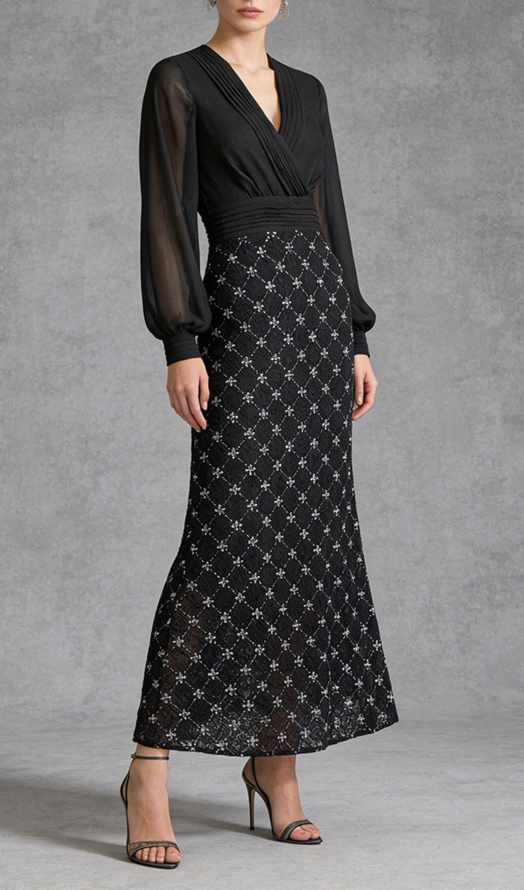 Kalonice Black Diamante Sparkle Maxi Gown - Elegant Sheer Sleeve Evening Dress