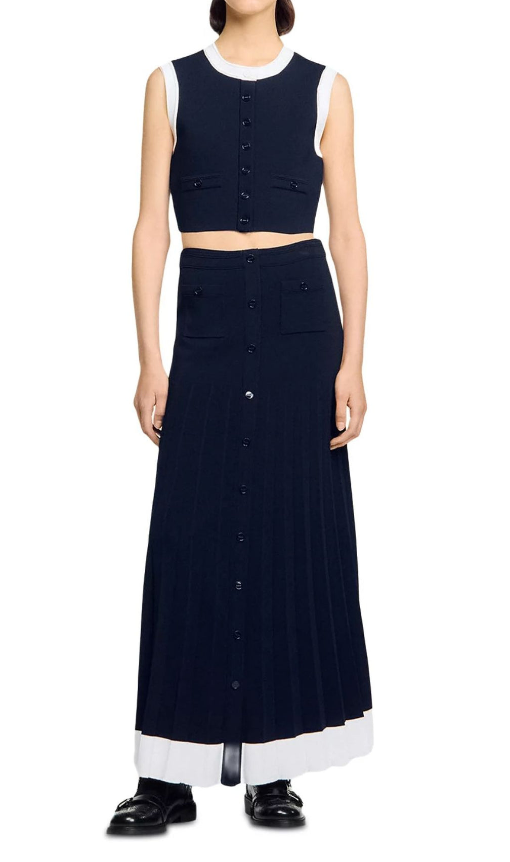 Chic Two-Piece Navy Knit Set: Cropped Vest & Pleated Maxi Skirt