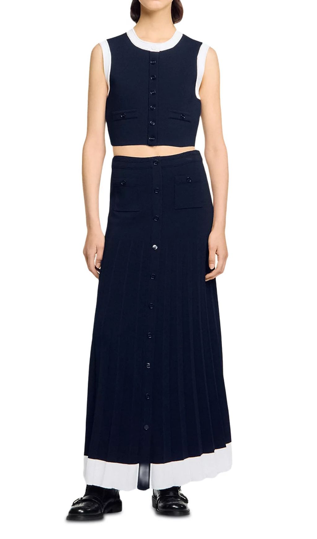 Chic Two-Piece Navy Knit Set: Cropped Vest & Pleated Maxi Skirt