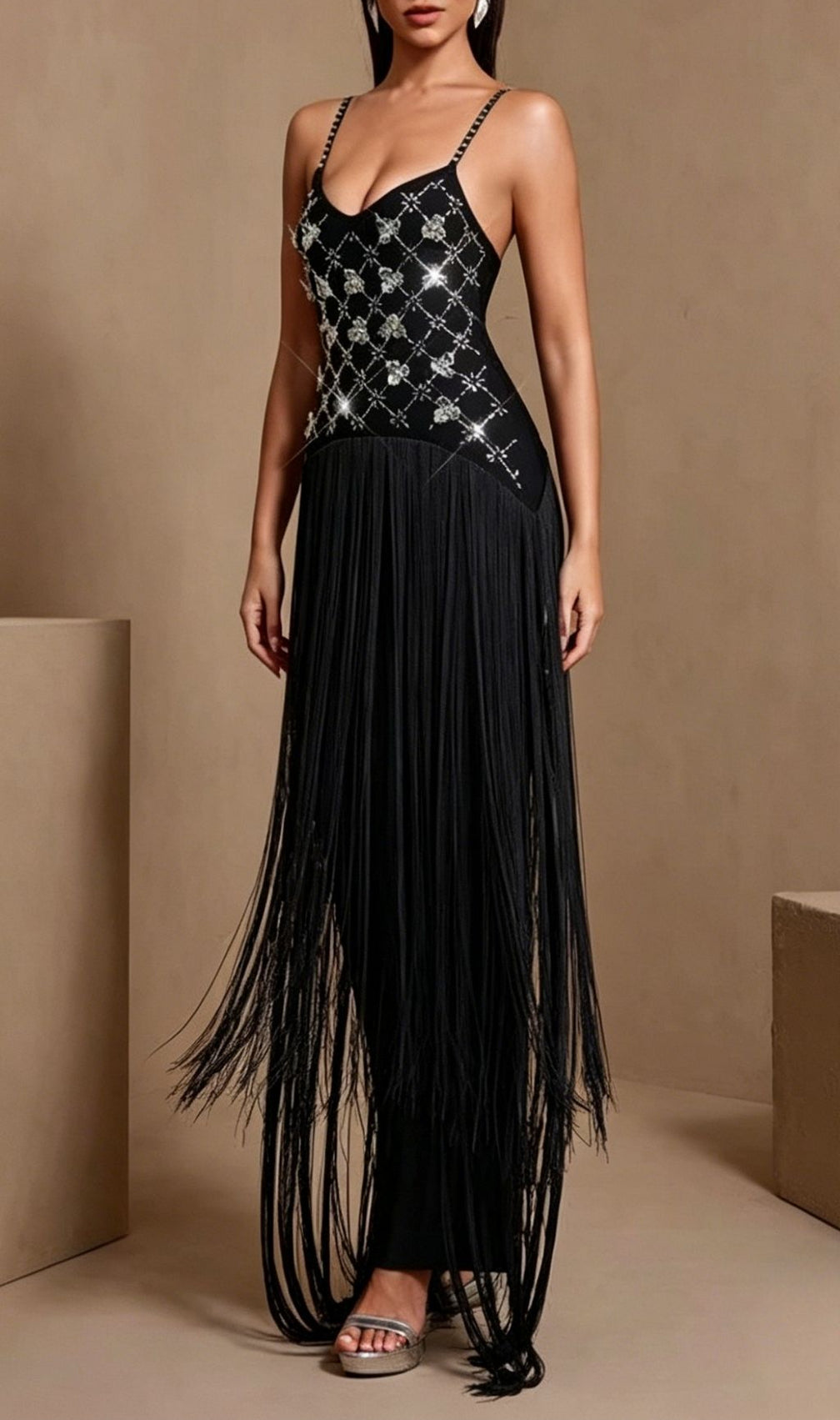 Koby Strappy Diamante Tassel Bandage Maxi Dress