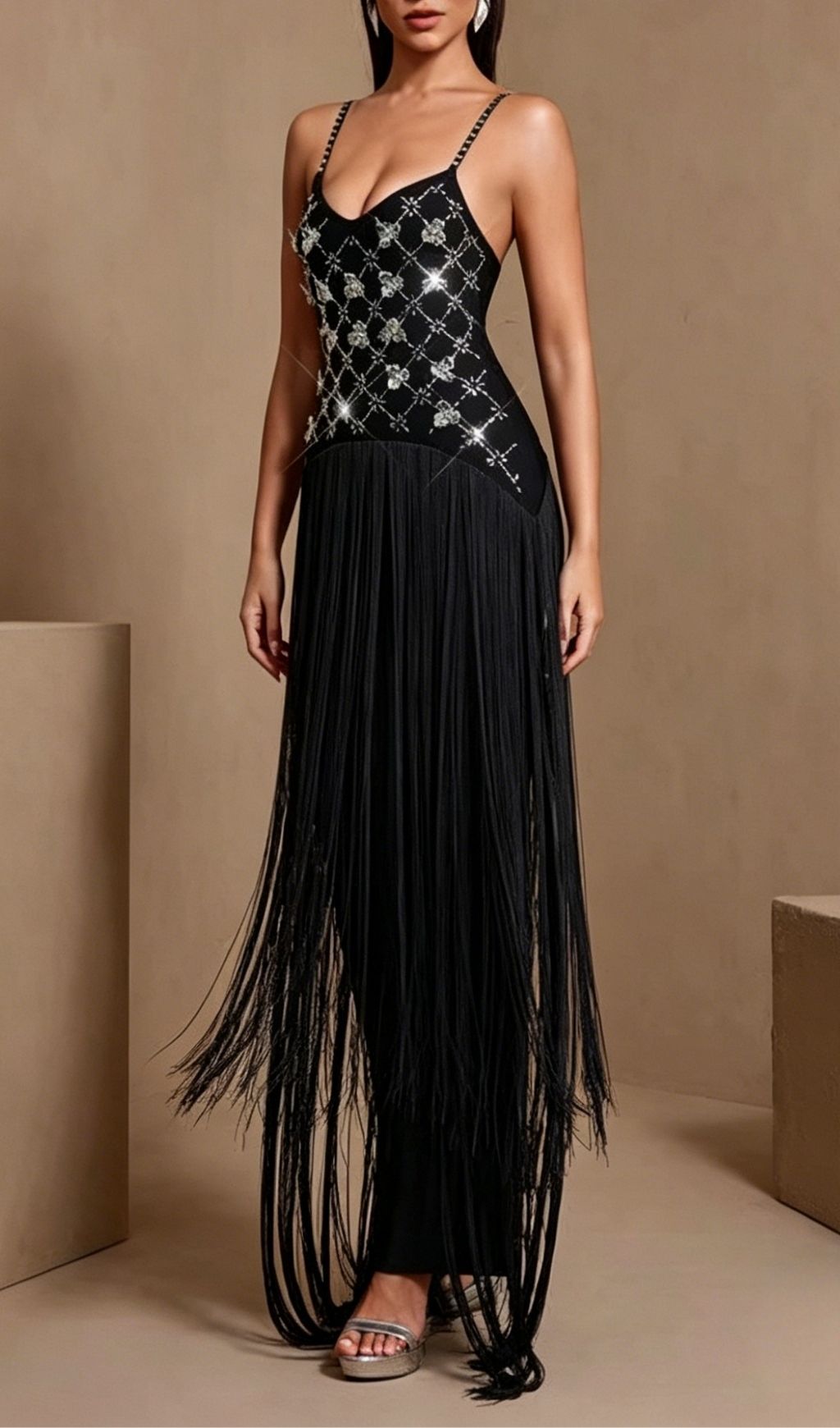 Koby Strappy Diamante Tassel Bandage Maxi Dress