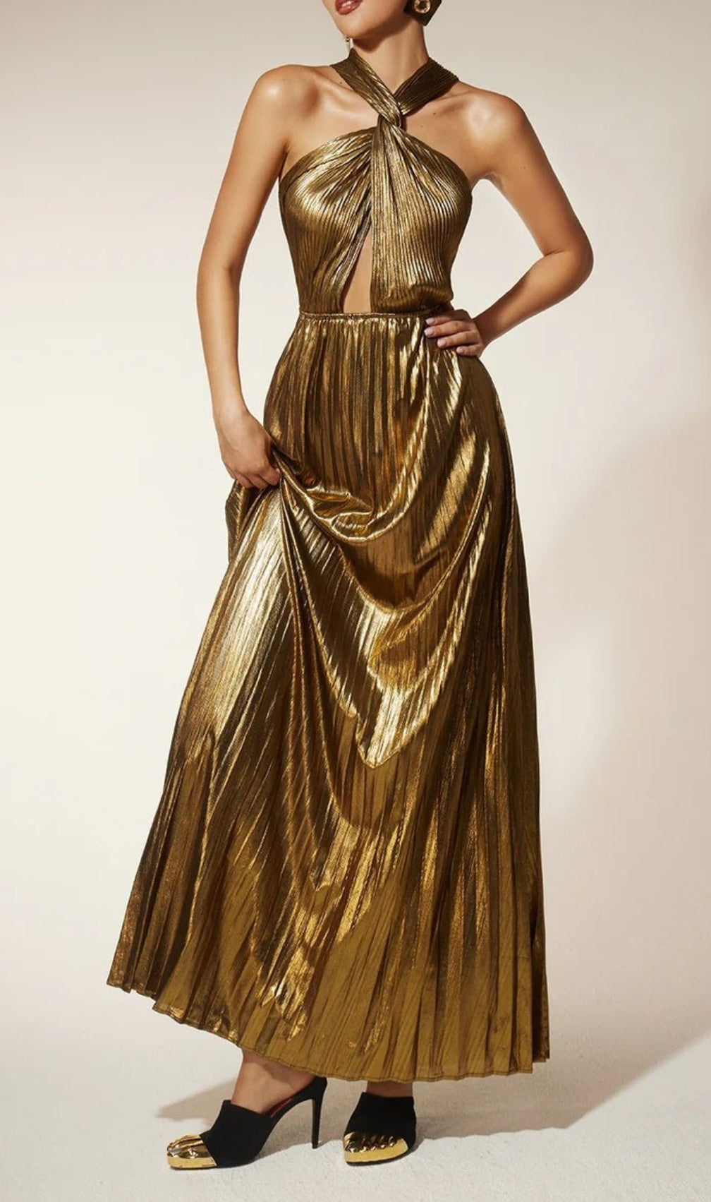 Frazilia Glam Gold Pleated Halter Cutout Maxi Dress - Event Ready Gown