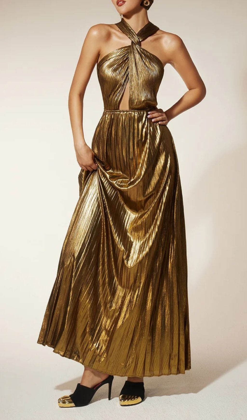 Frazilia Glam Gold Pleated Halter Cutout Maxi Dress - Event Ready Gown