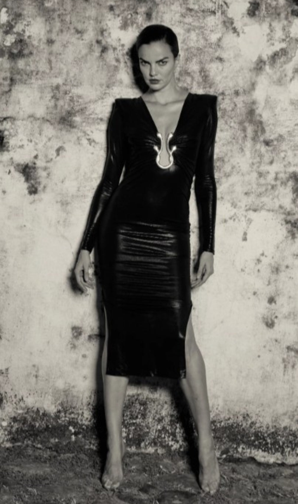 Caitlin Leather V-Neck Long Sleeve Midi Dress