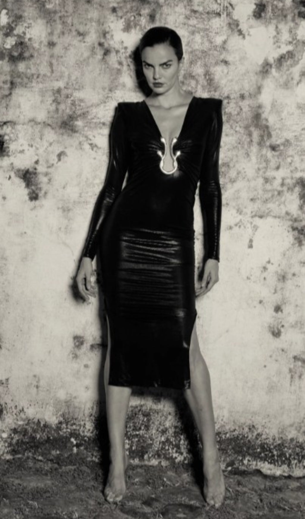 Caitlin Leather V-Neck Long Sleeve Midi Dress