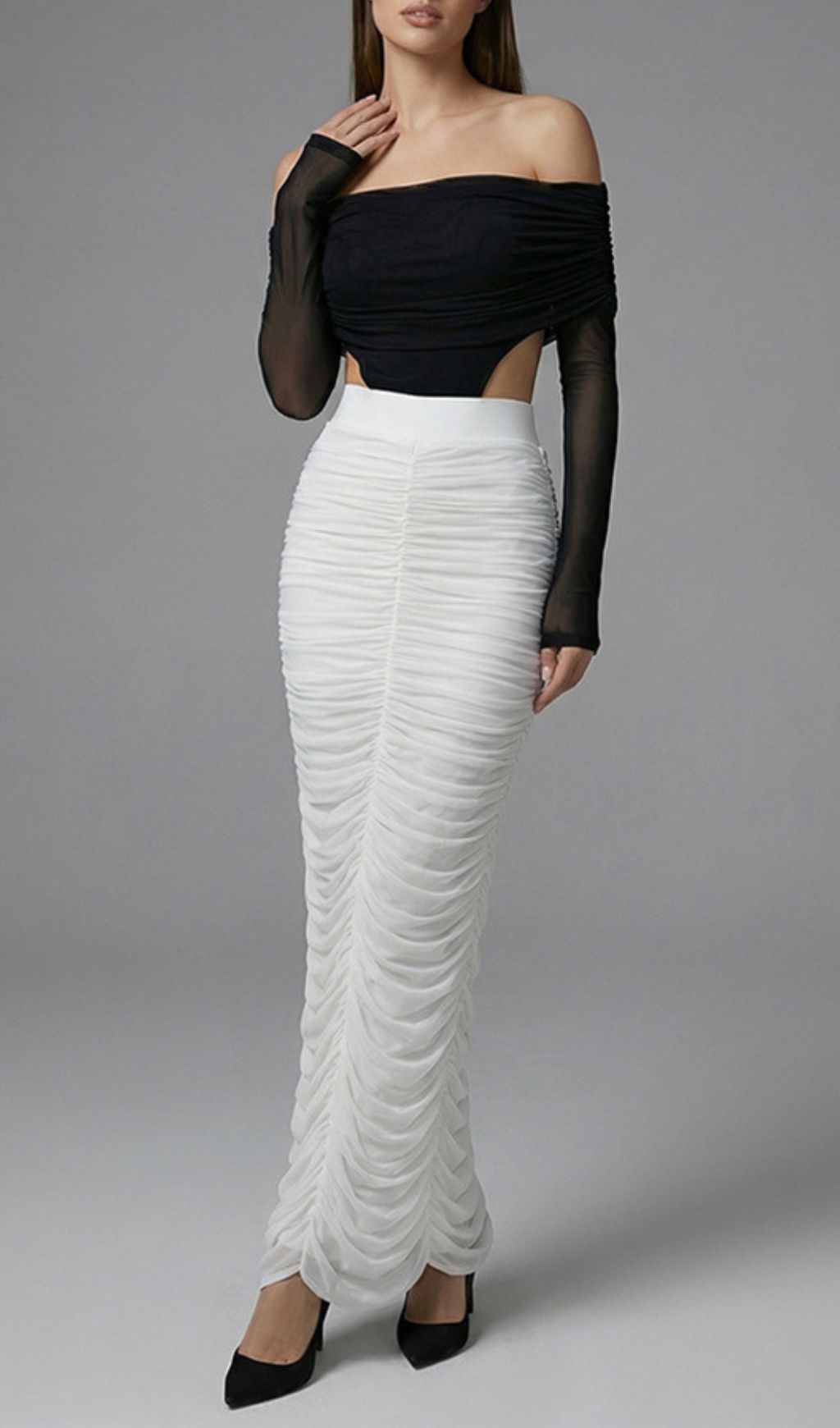 Joplin Elegant Off-Shoulder Cutout Bodysuit & Ruched Maxi Skirt Set