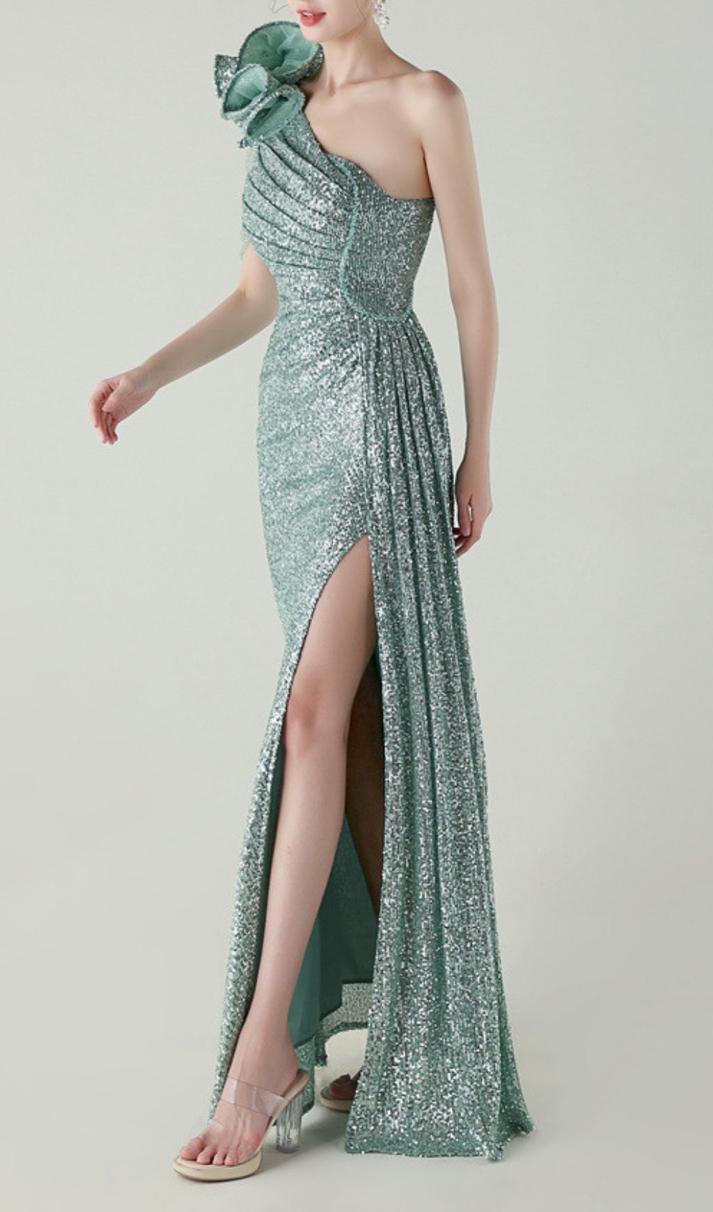 Ikia Emerald Sparkle One-Shoulder Sequin Maxi Dress with High Slit