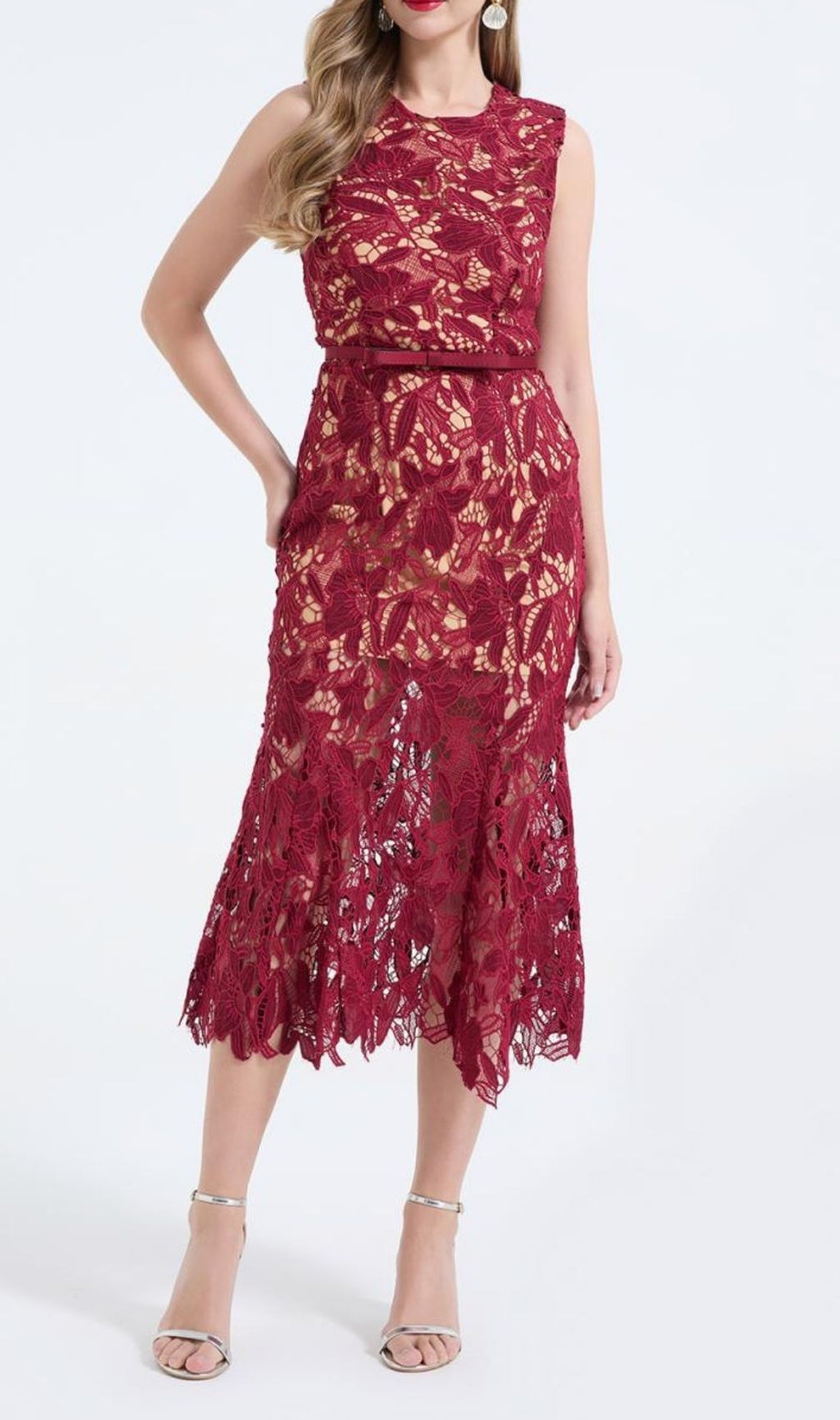 Mirexen Red Floral Cutout Midi Dress