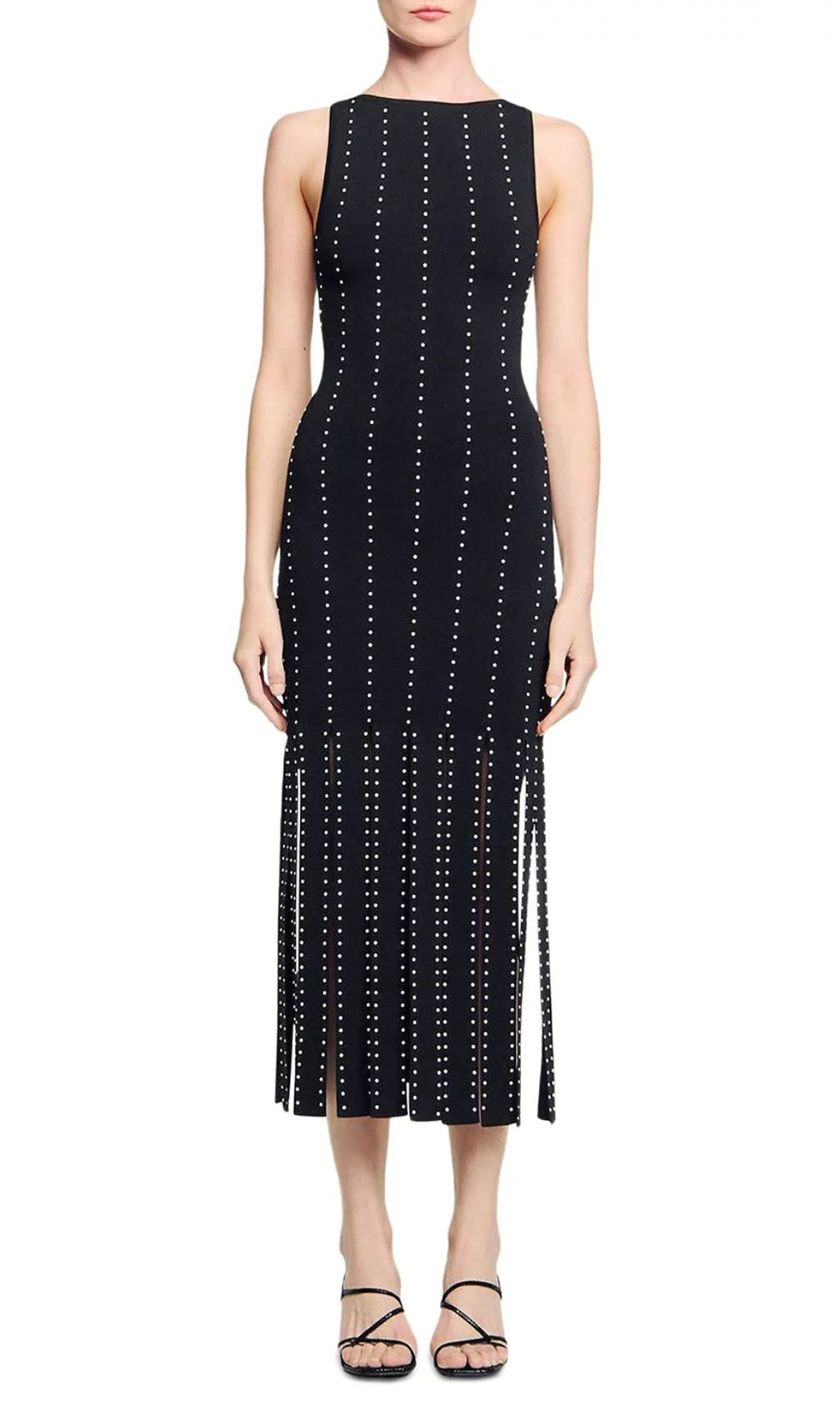 Glamorous Black Studded Fringe Bodycon Midi Dress | Sleeveless & Chic