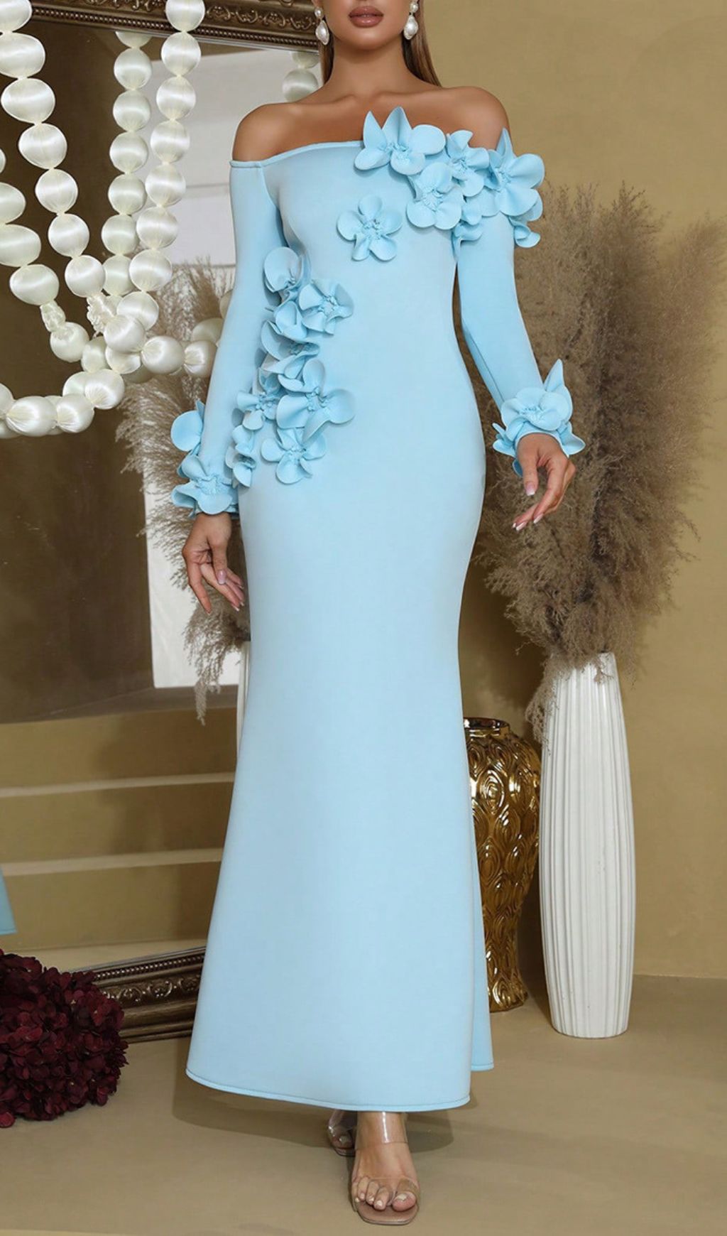 Ethereal Blue Floral Off-Shoulder Maxi Dress | Elegant Wedding Guest Gown