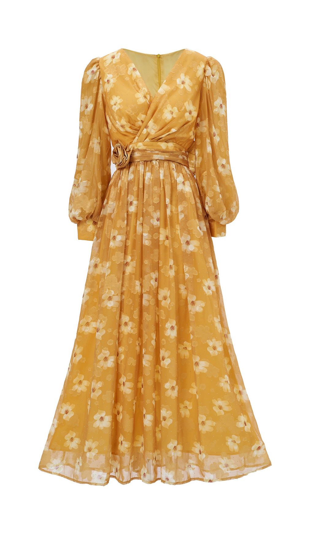 Feodora Yellow Floral Printed Long Sleeve Maxi Dress
