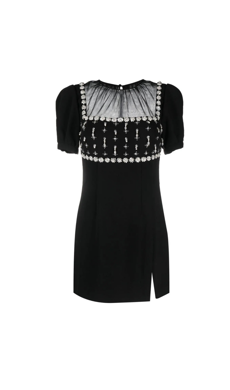 CREPE EMBELLISH MINI DRESS IN BLACK