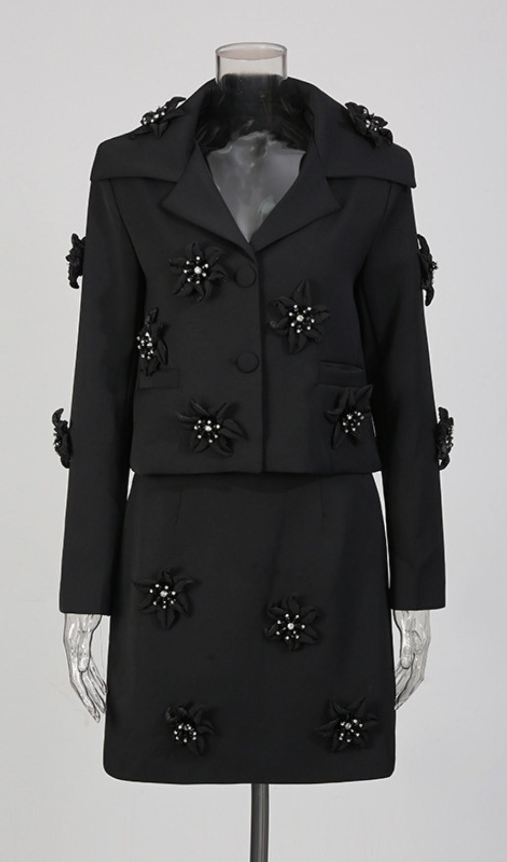 Janiyah White Floral Embellished Crop Blazer & Mini Skirt Set