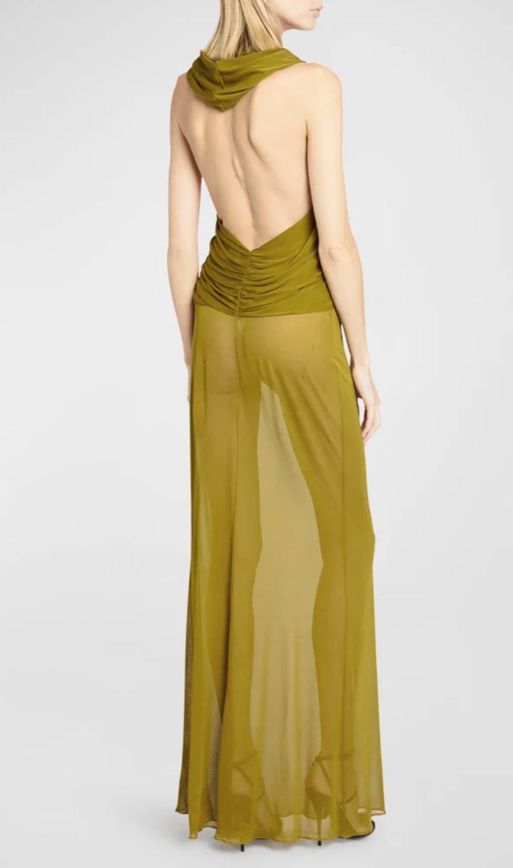 Ginger Yellow Sheer Evening Gown With Draped Hood