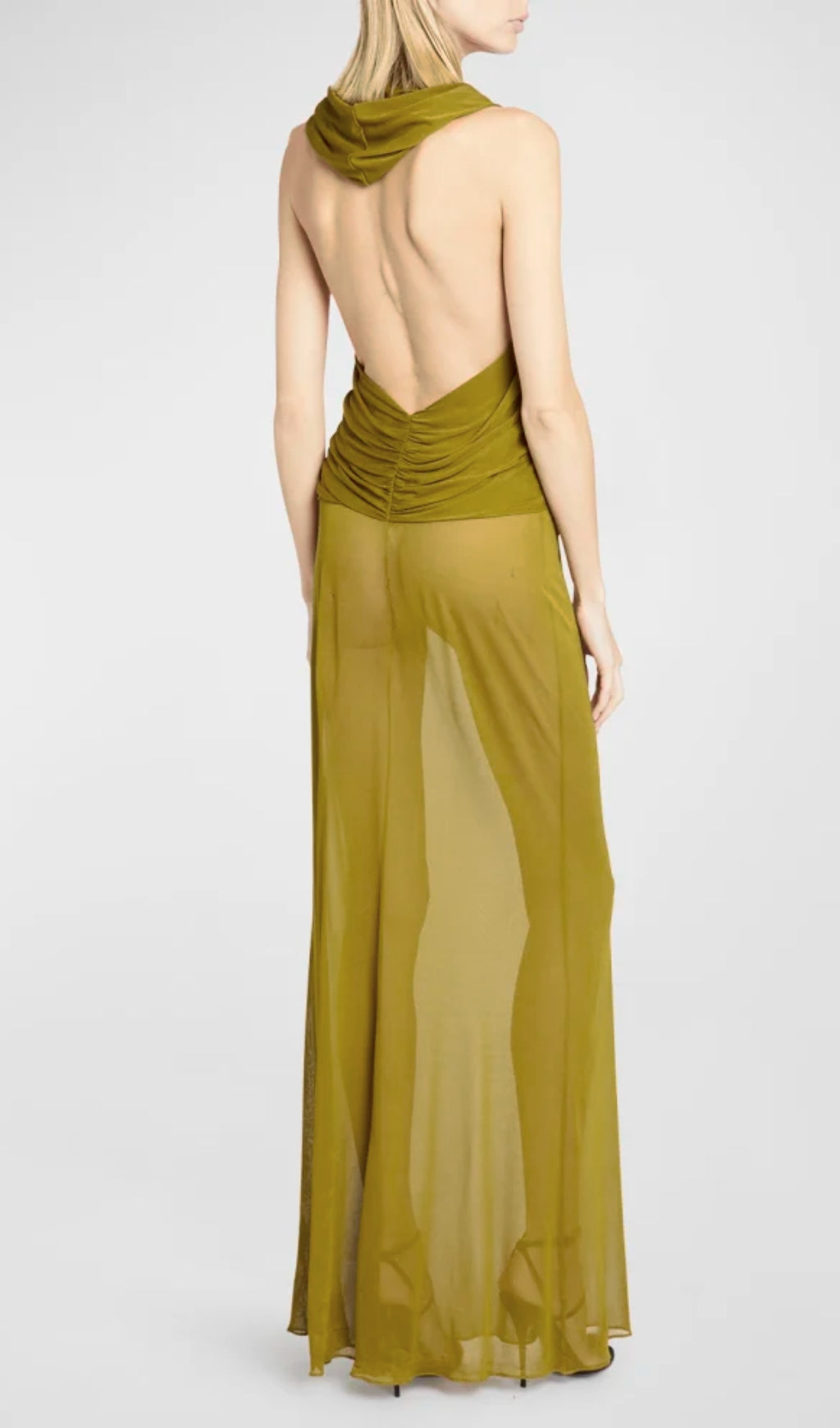 Ginger Yellow Sheer Evening Gown With Draped Hood